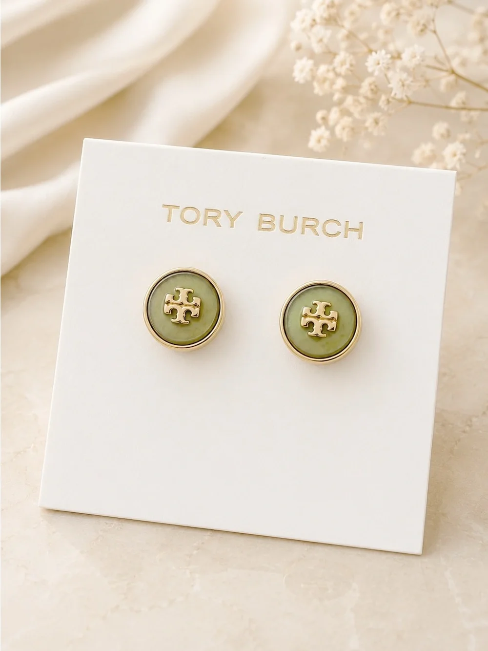 Tory Burch Gold-Tone Logo Green Enamel Circle Stud Earrings